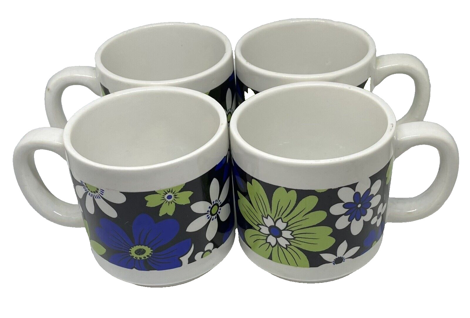 MCM ENESCO 4 FLOWERED 8 OUNCE COFFEE CUPS GREEN/BLUE/WHITE 1970s