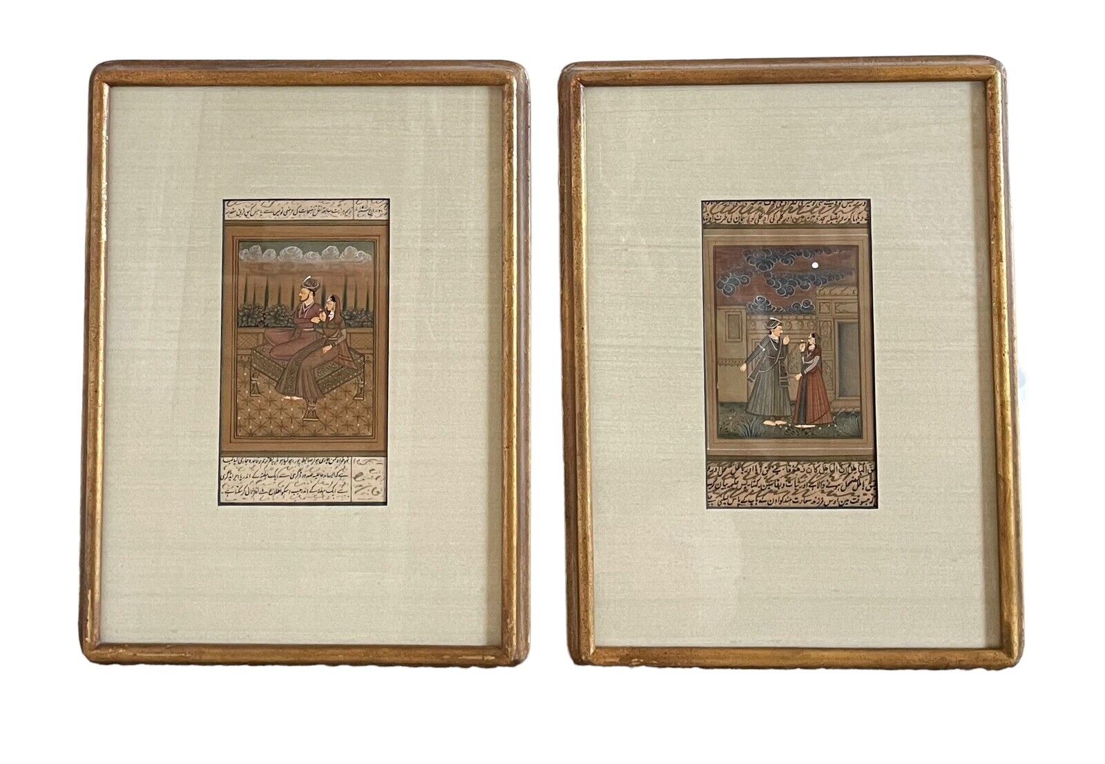 Antique Indo-Persian, Manuscript Paintings Of A Couple In Garden. Set of 2