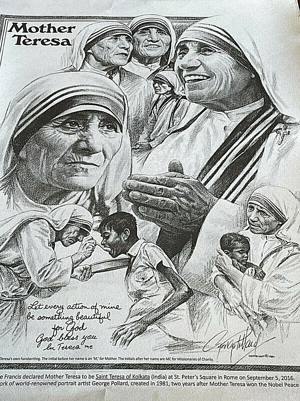 George Pollard Vintage 1981 Mother Teresa Charcoal Collage Poster 18