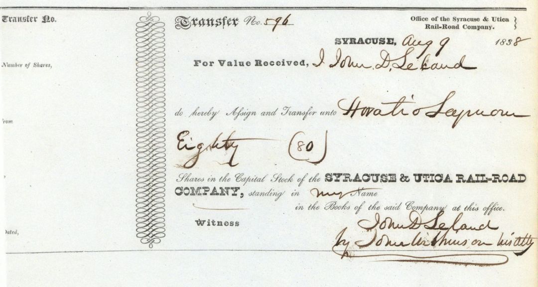 Syracuse and Utica Rail-Road Co. Transferred to Horatio Seymour and Signed by Jo