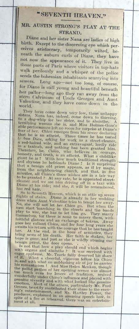 1927 Critics Review Of Seventh Heaven, Mr Austin Strong\'s Play At The Strand