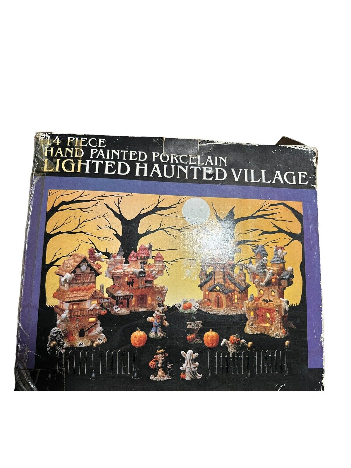 Halloween Village 14 Piece Lighted Porcelain 4 Buildings, 7 Figures, Fence, Tree