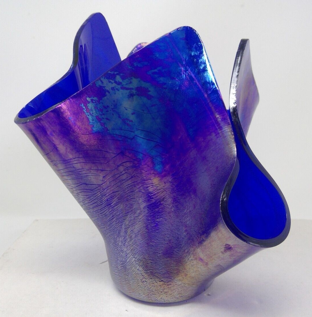 Artist Signed Cobalt Blue Art Glass Handkerchief Vase