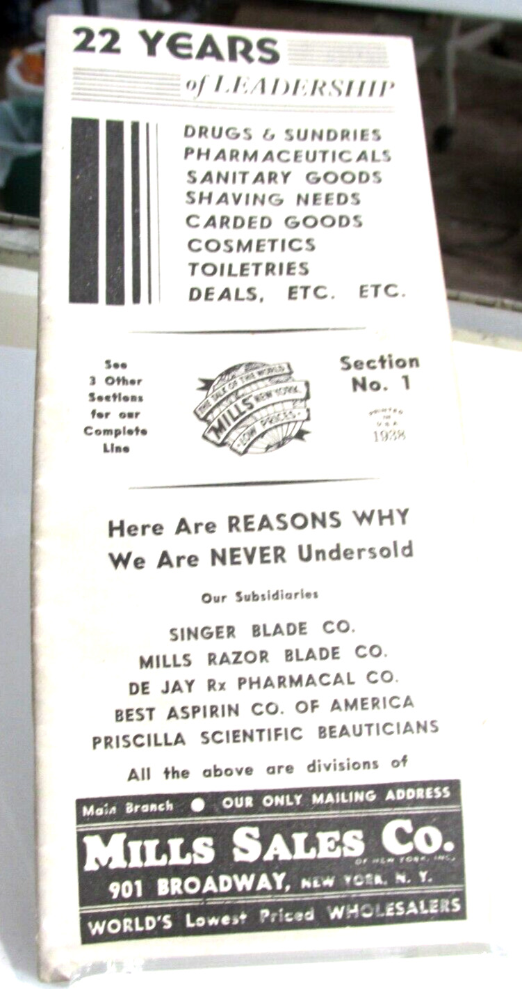 1938 MILLS SALES CO Wholesale Catalog, Drugstore Supplies, Safety Razors, Blades