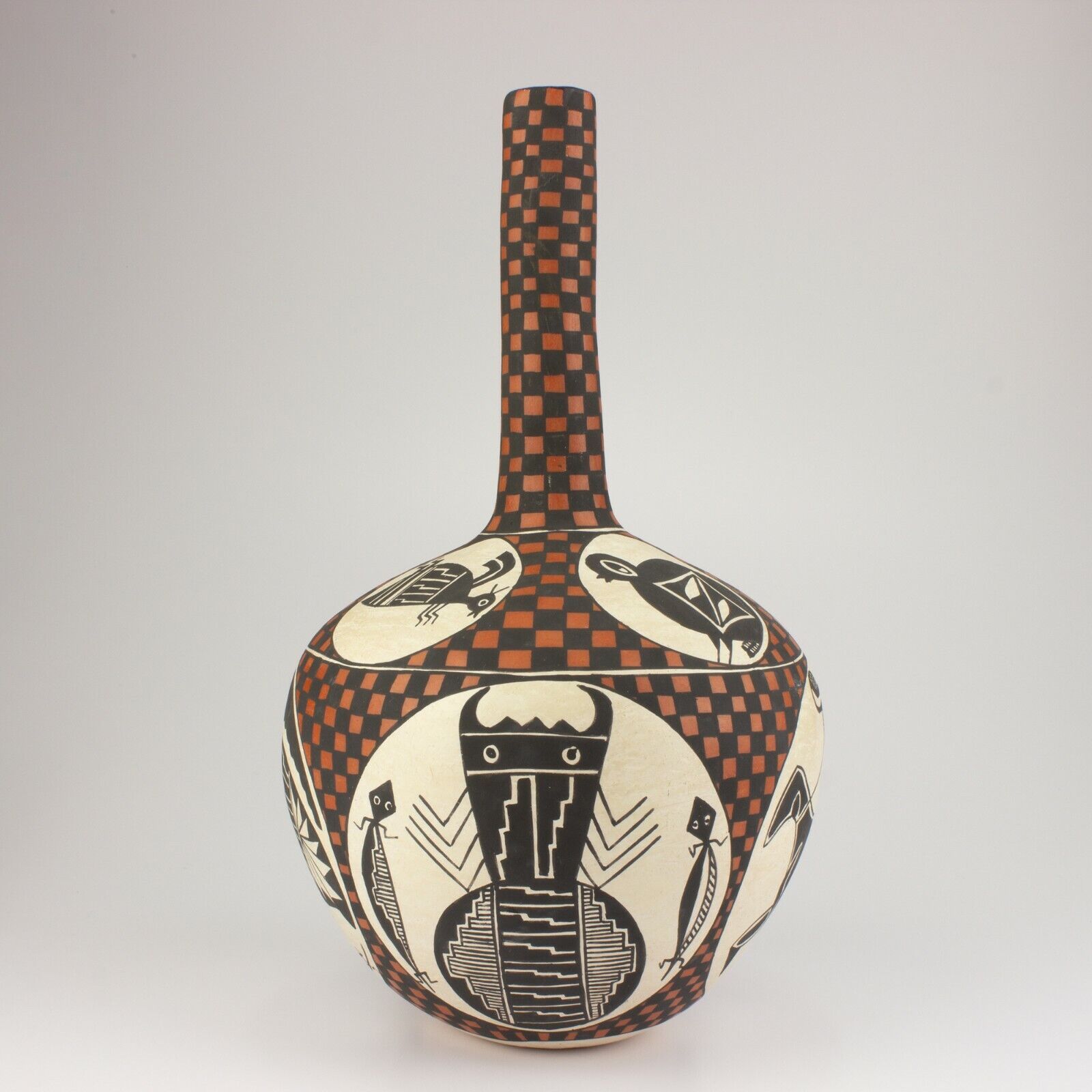Native American Acoma Pottery Polychrome Checkerboard Long-Neck Pot, Emma Chino