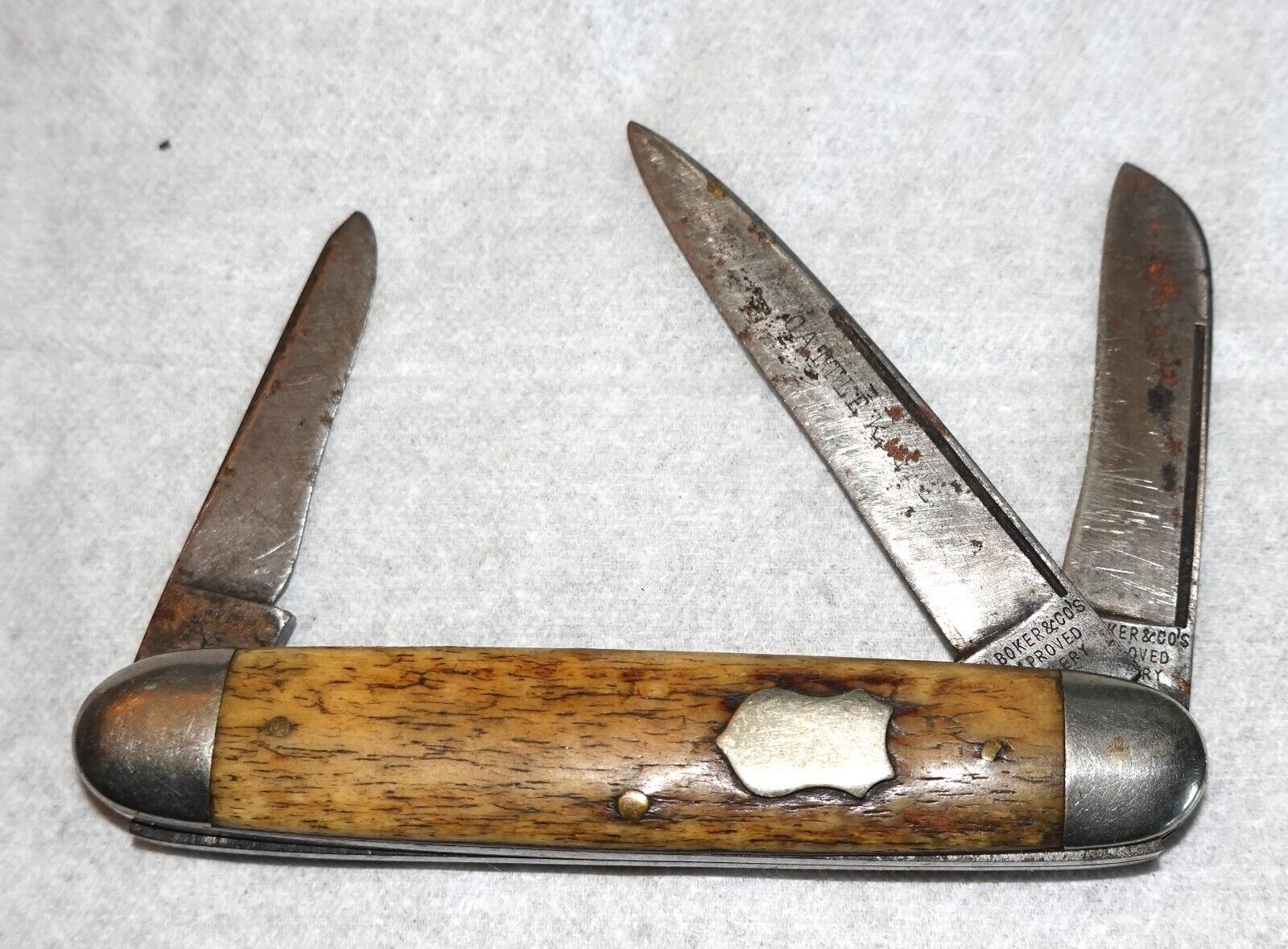 Vintage H. Boker & Co Improved Cutlery Tree Cattle Knife Three Blade Bone Handle