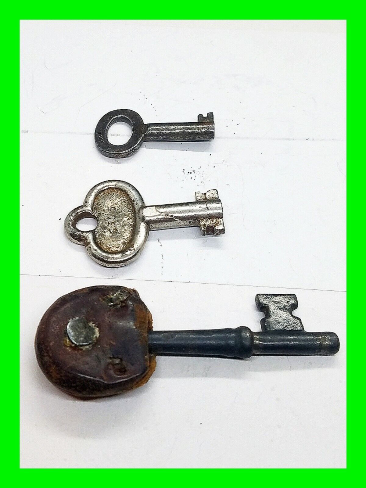 Antique Keys 1- Double & 1- Single Bit Barrel Eagle Lock Co. 1- Leather Wrapped 