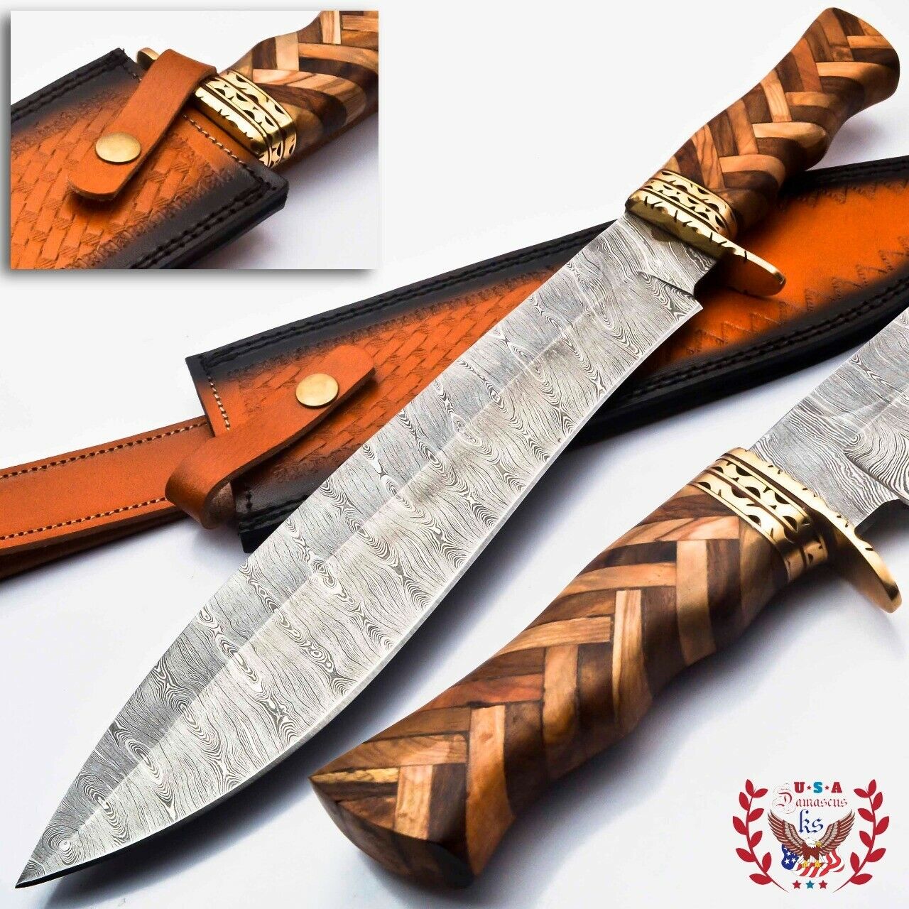 14.5 inch Custom handmade Damascus hunting knife Handle Tali Wood with leather 