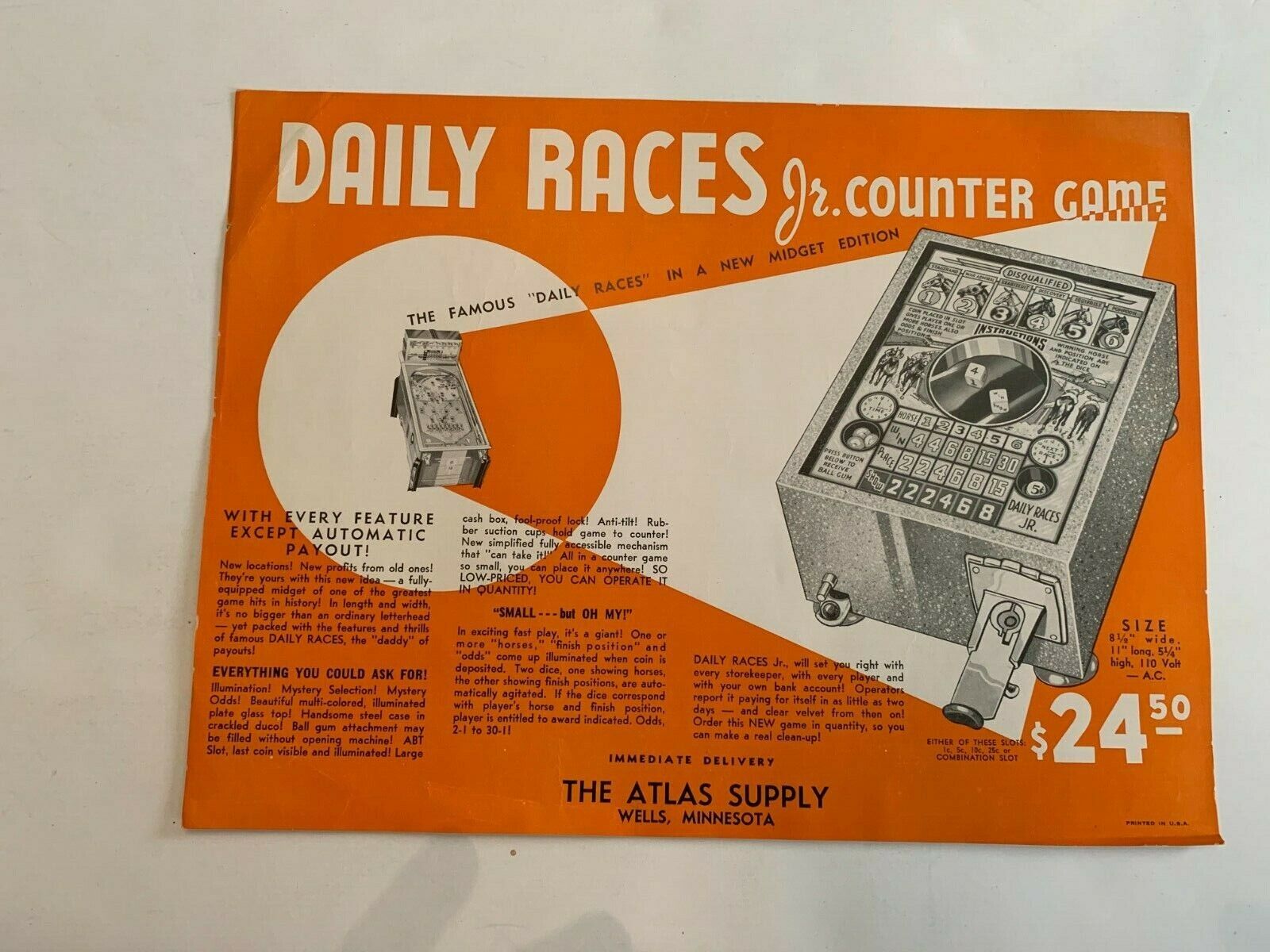 Vintage Daily Races JR Counter Game The Atlas Supply Co Wells MN Advertisement