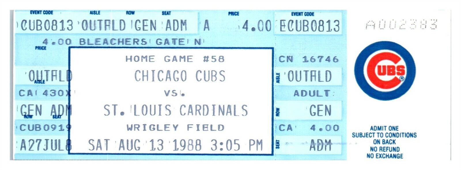 1988 Chicago Cubs St. Louis Cardinals 8/13 Ticket Ryne Sandberg HR *ST4A