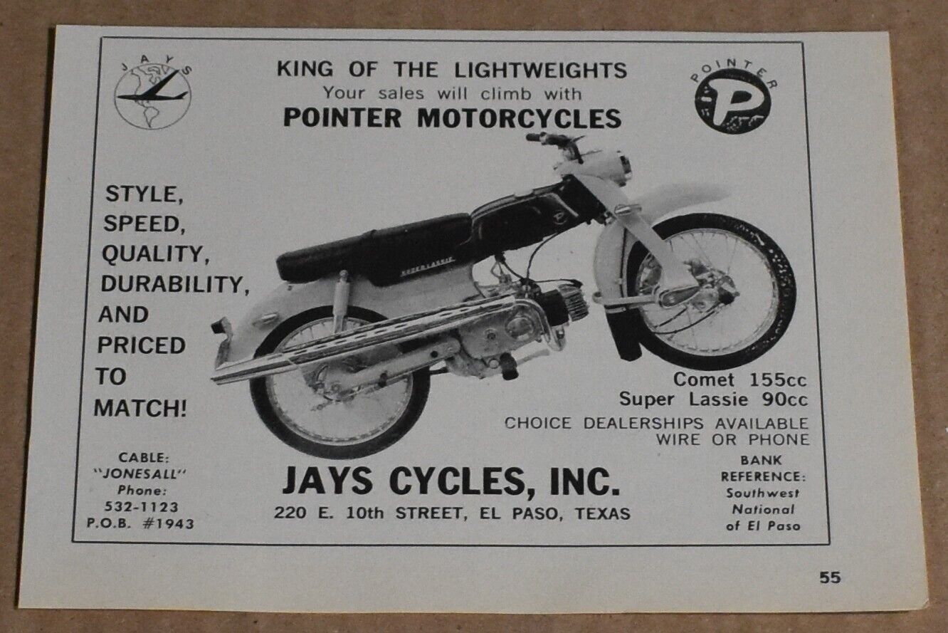 1963 Print Ad Pointer Motorcycles King of the Lightweights Jays Cycles Texas art