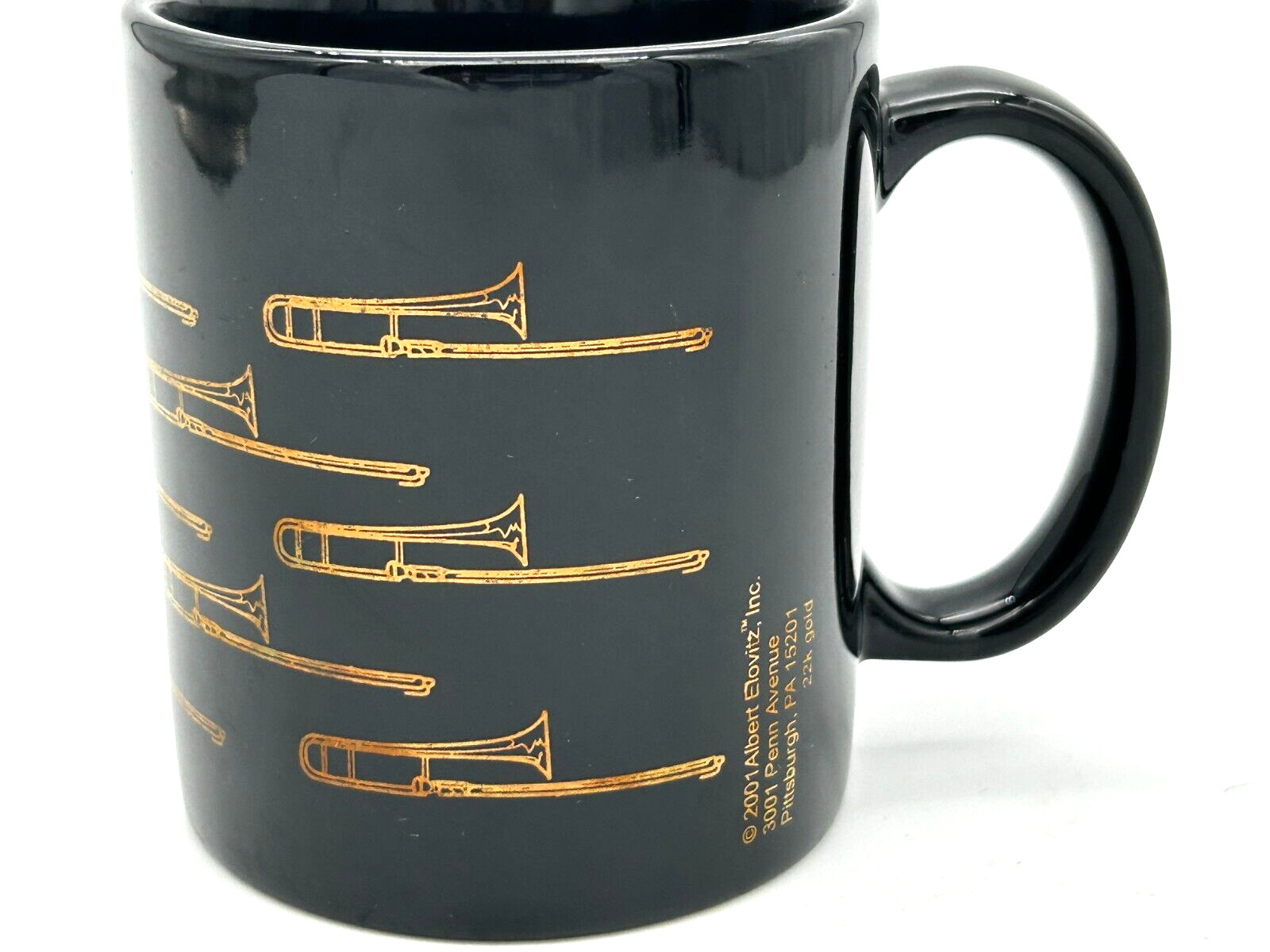 Rare 2001 Albert Elovitz Inc Trombone Coffee Mug Cup 22K Gold Black Music Black