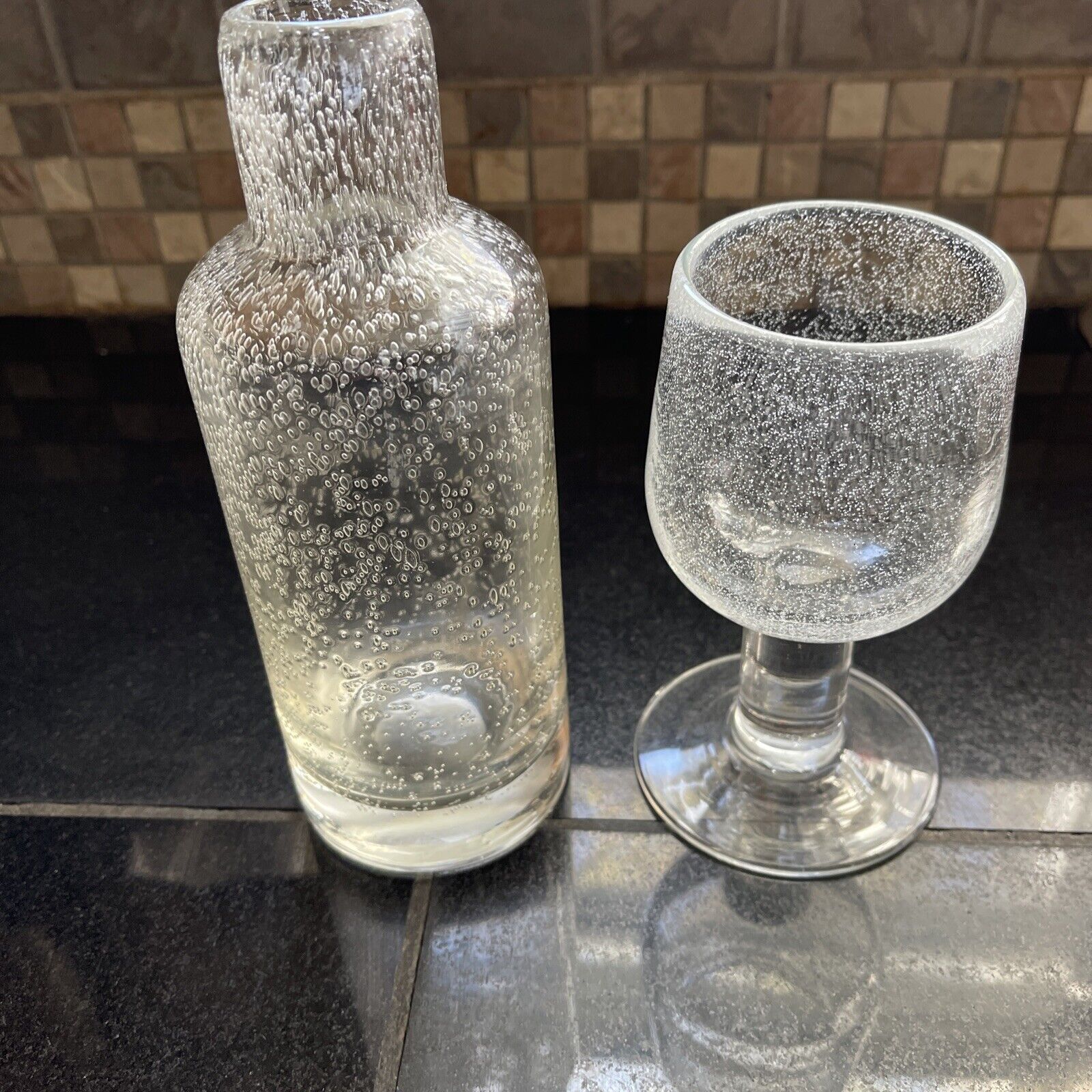 Hand Blown Bubble Bottle Decanter & Bubble Stemmed Glass Vintage Heavy Glass