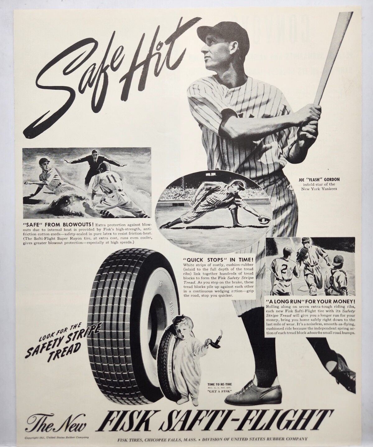 1941 Fisk Tires NY Yankees Joe Flash Gordon Vintage Print Ad Man Cave Art Deco