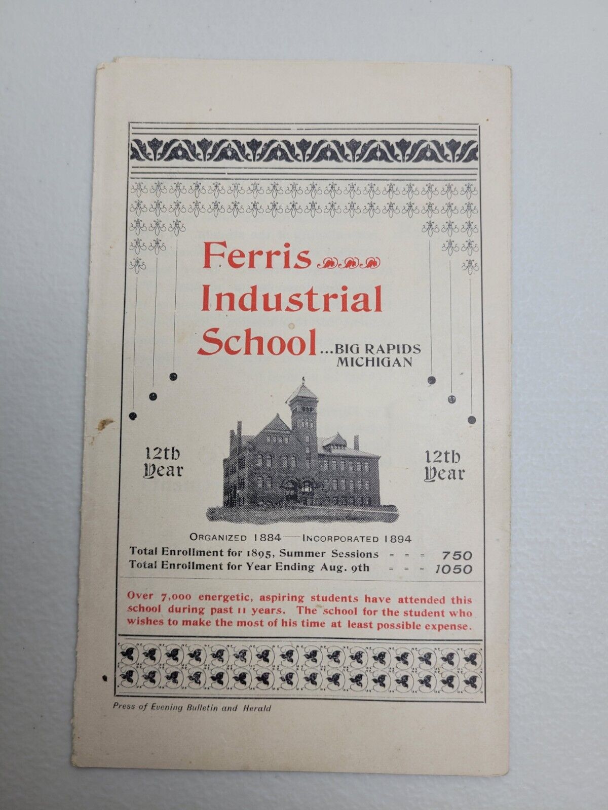 Ferris College Industrial School Enrollment 1895 Brochure Big Rapids Michigan