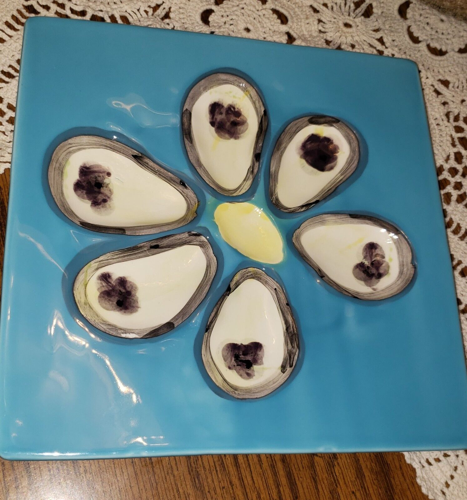 Abigails oyster plate Blue turquoise square. Hand painted.