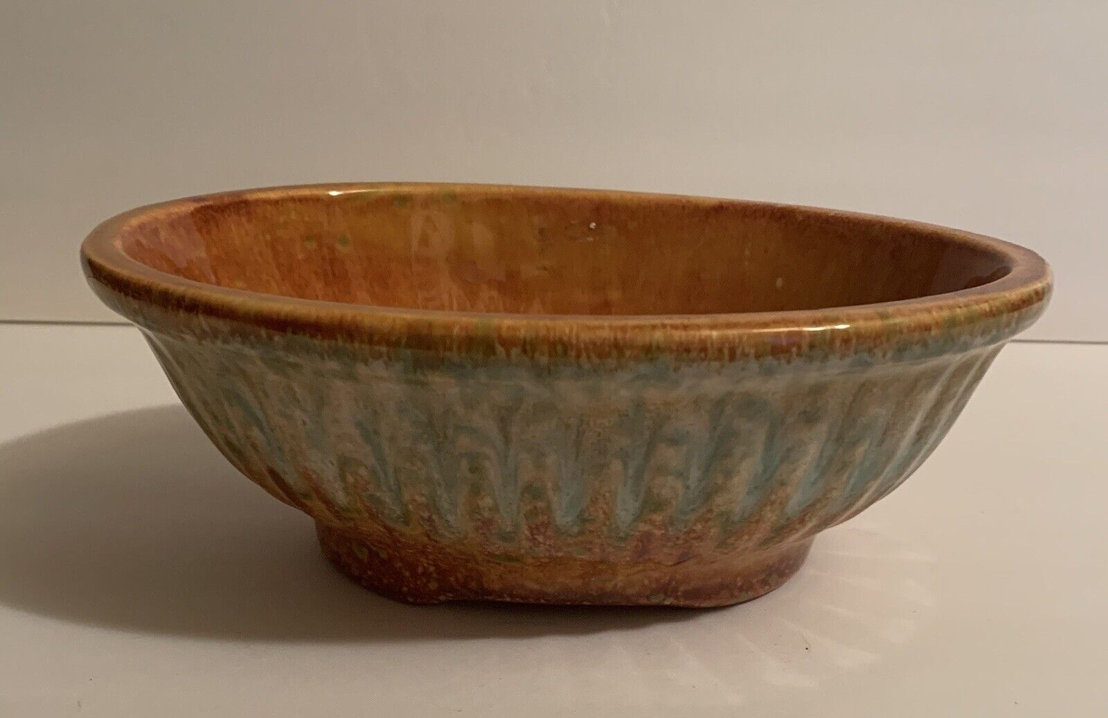 VTG HAEGER Pottery 3938 U.S.A. Brown/GreenDrip Ribbed OVAL Footed Bowl Planter