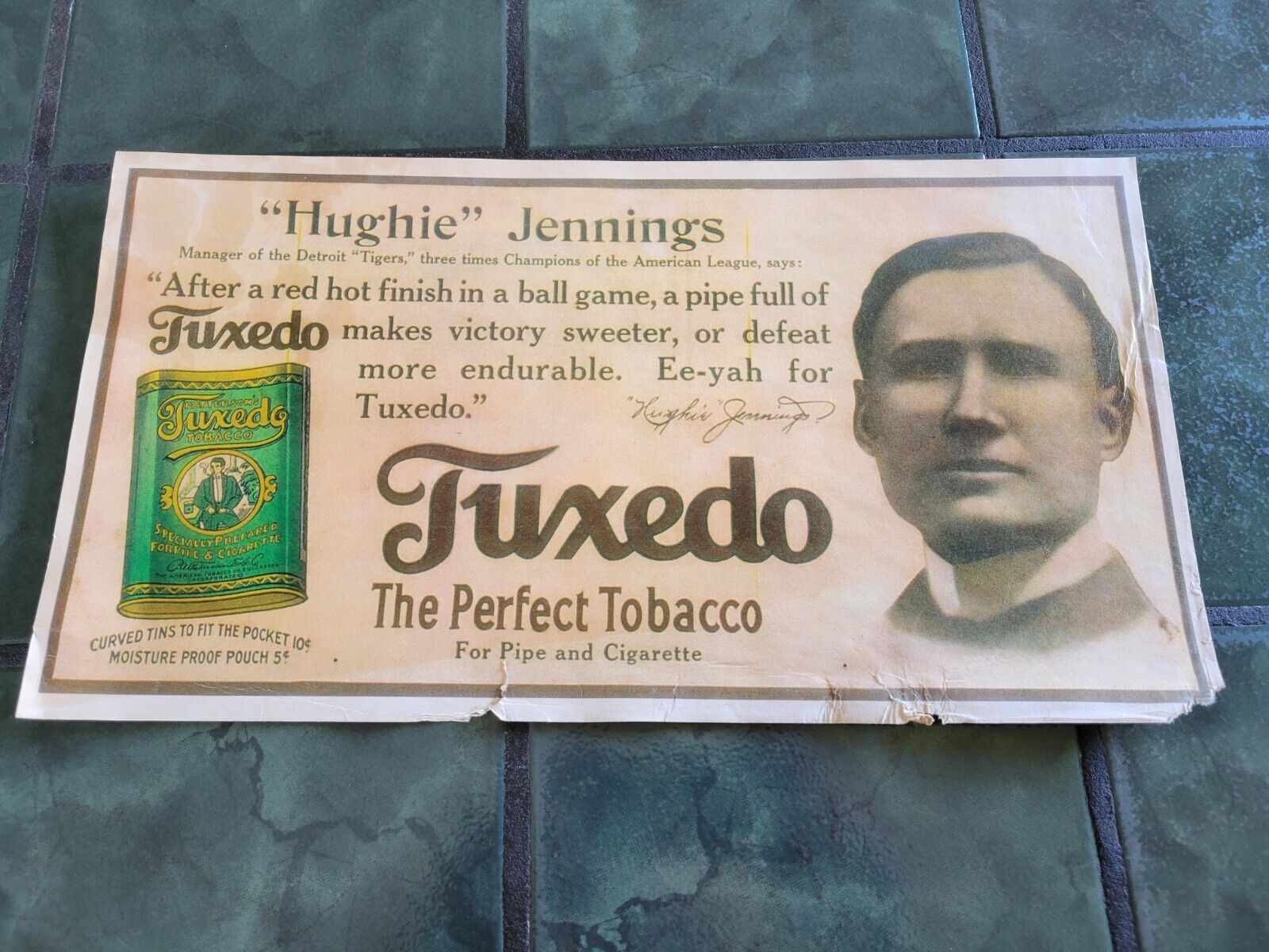 Vintage TUXEDO TOBACCO tin Hughie Jennings detroit tigers  BASEBAL  poster sign