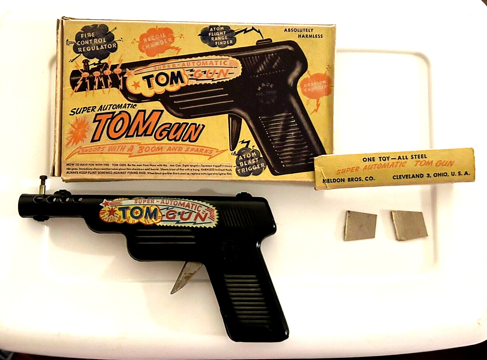 Meldon Bros. Steel Toy Tom Automatic Gun - Box - Very Nice - 1940s - WOW