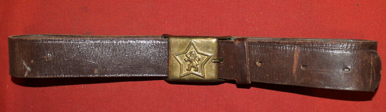 Vintage Bulgarian military leather belt with brass lion buckle