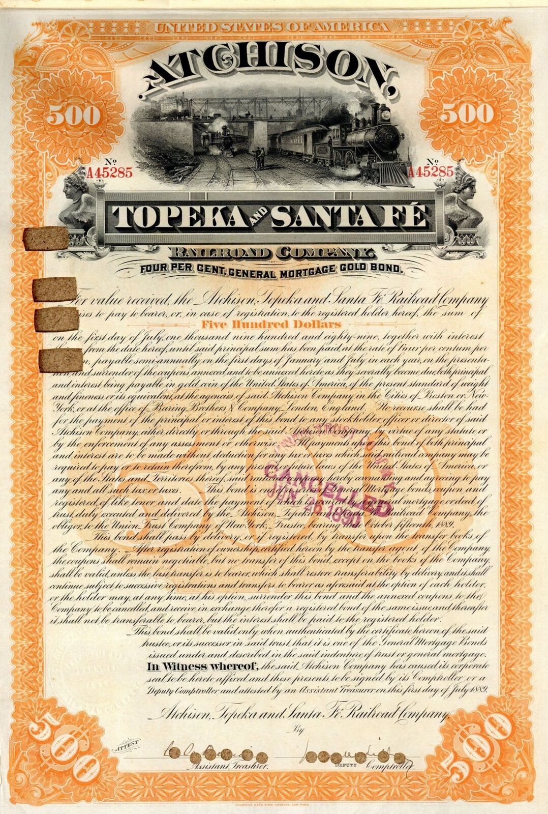 Atchison, Topeka and Santa Fe Railroad Co. - 1889 dated $500 Railway Gold Bond -
