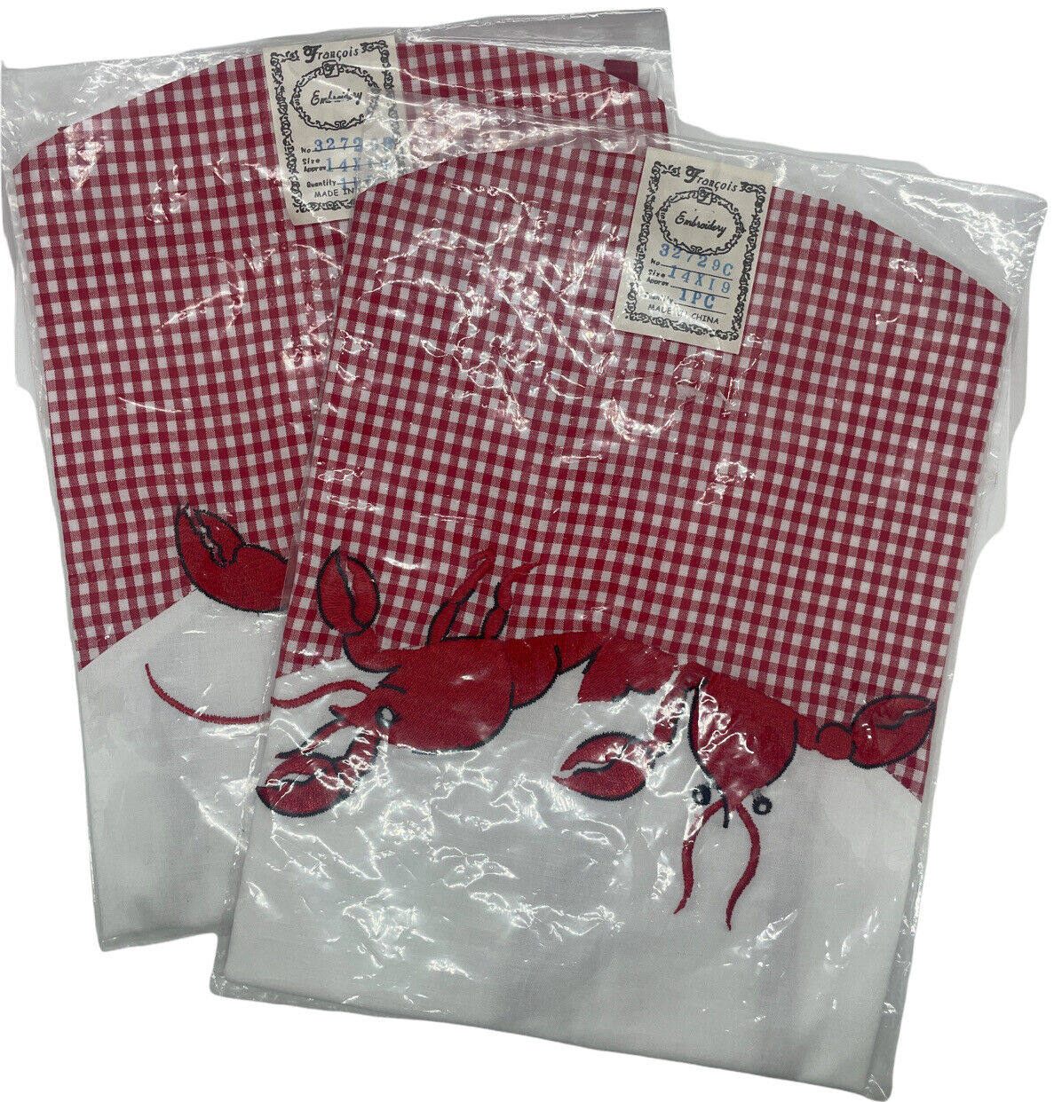 2 New Vintage Francois Embroidery Stitched Lobster Bibs 14x9” Cute Checkered