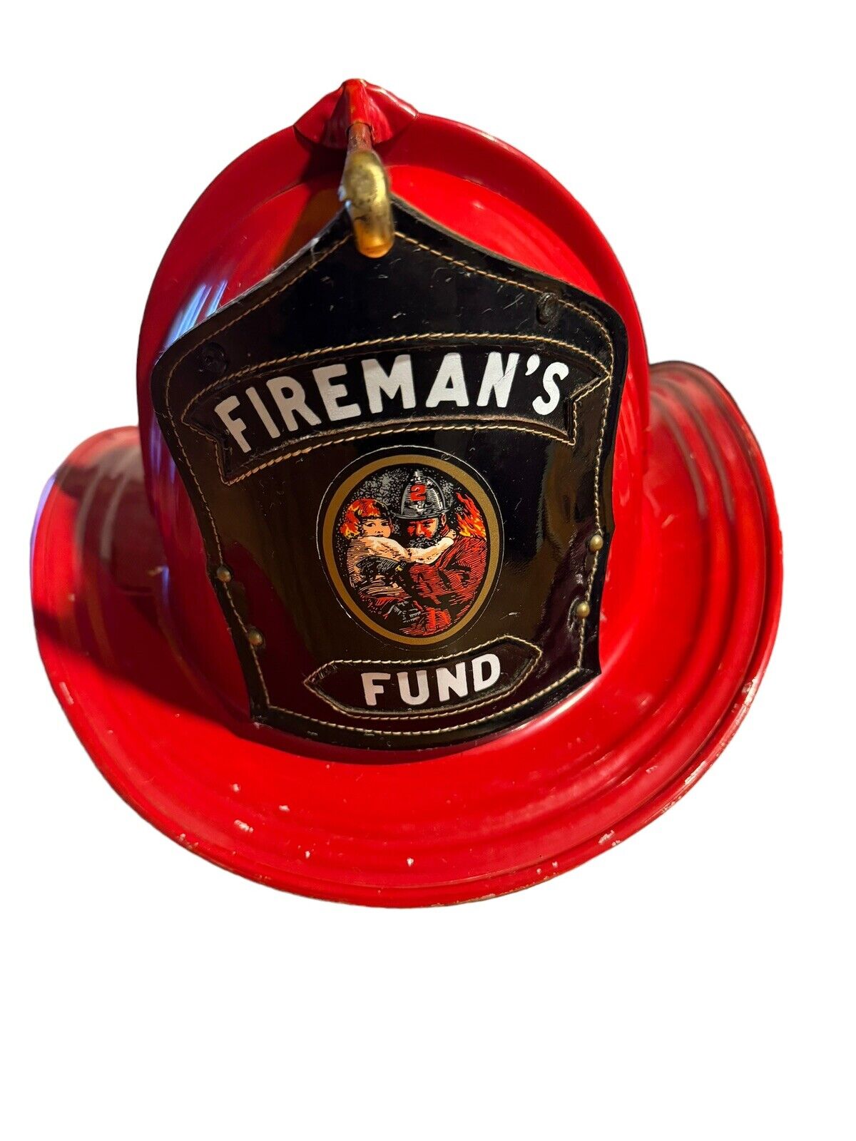 Cairns and Brothers Aluminum Red Firemans Fund Leather Badge Firefighter Helmet
