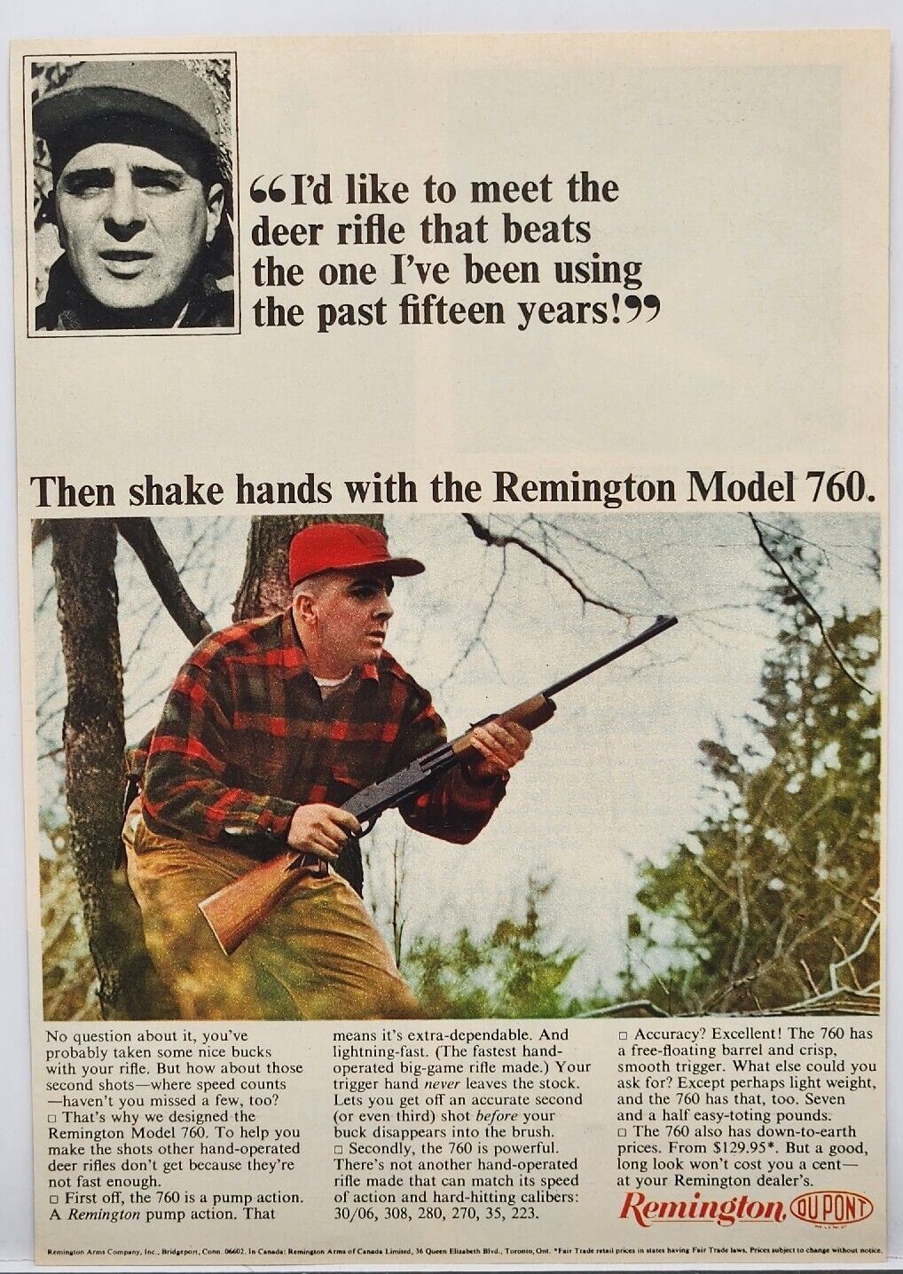 1965 Remington Model 760 Hunting Rifle Print Ad Bridgeport Conn
