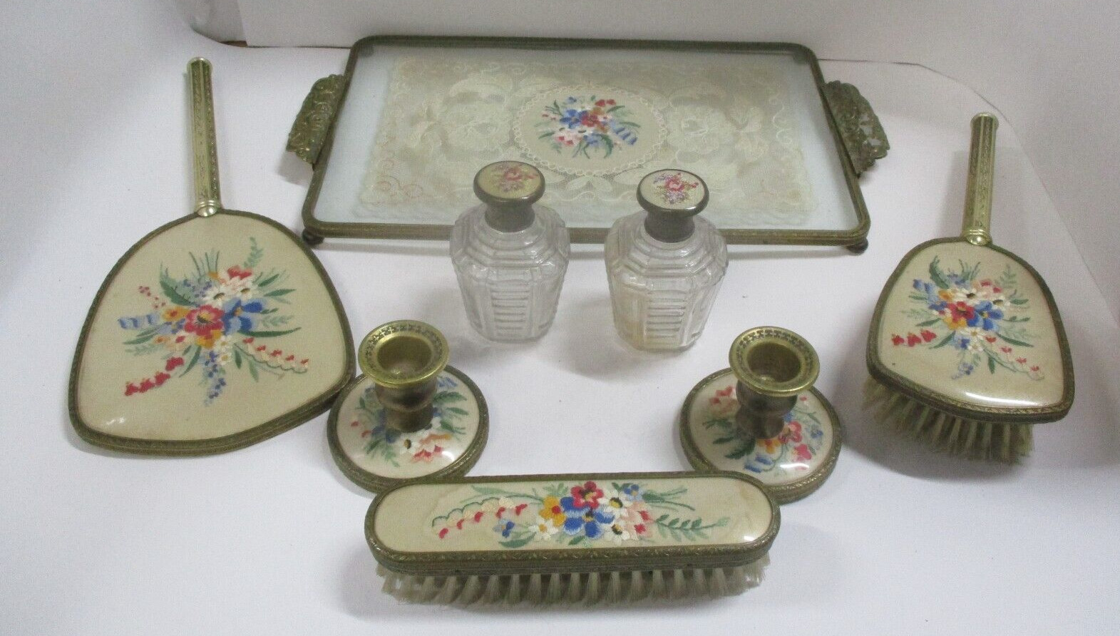 Vintage Ladies Dresser Vanity Set Brush Mirror Tray Candlesticks Etc Floral