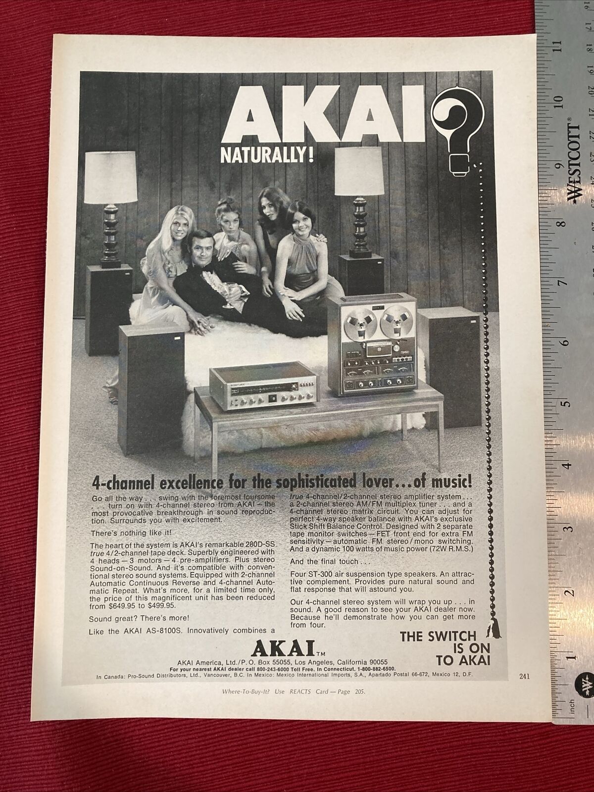 AKAI America, LTD. Los Angeles CA 4-channel Tape Deck 1972 Print Ad