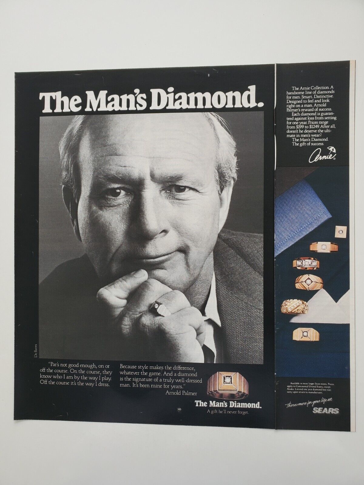 Sears/DeBeer's Men Diamond Rings Arnold Palmer Collection 1985 Vintage Print Ad