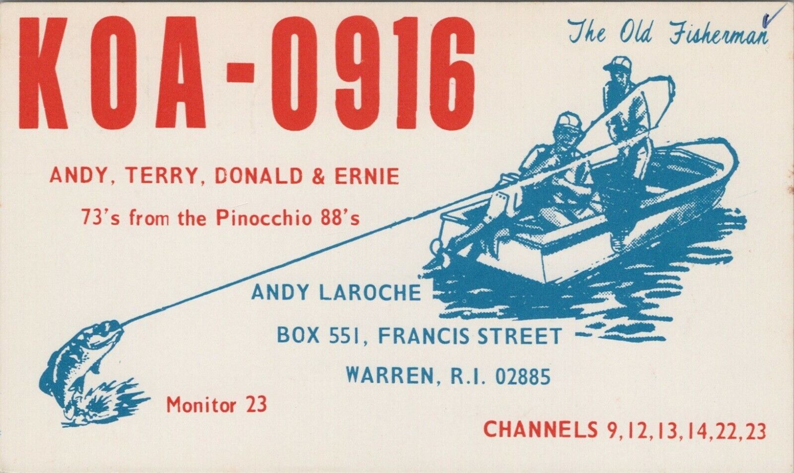 CB radio QSL postcard Andy Terry Donald Ernie Laroche 1970s Warren Rhode Island