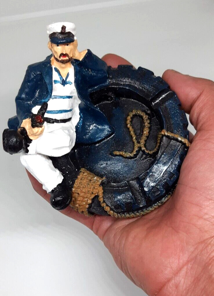 Vintage Ceramic Ashtray Handmade Captain Smokes a Pipe Sits On Rescue Ring