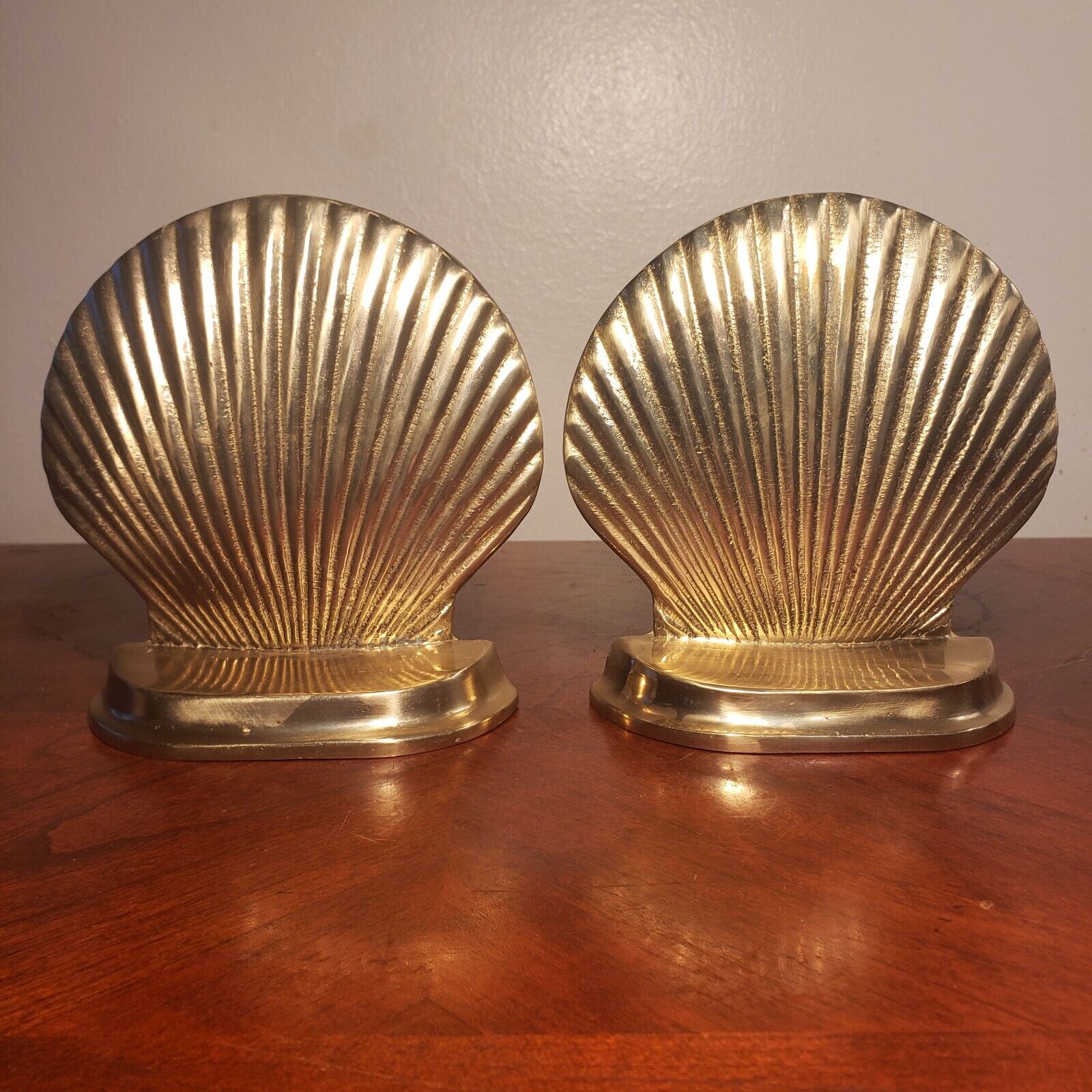 Vintage Pair Of Heavy Brass Scallop Shell Bookends