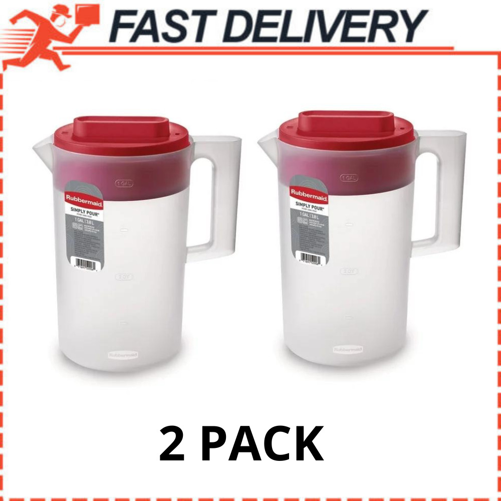 Rubbermaid, 1 Gallon, 2 Pack, Red, Plastic Simply Pour Pitcher with Multifunctio