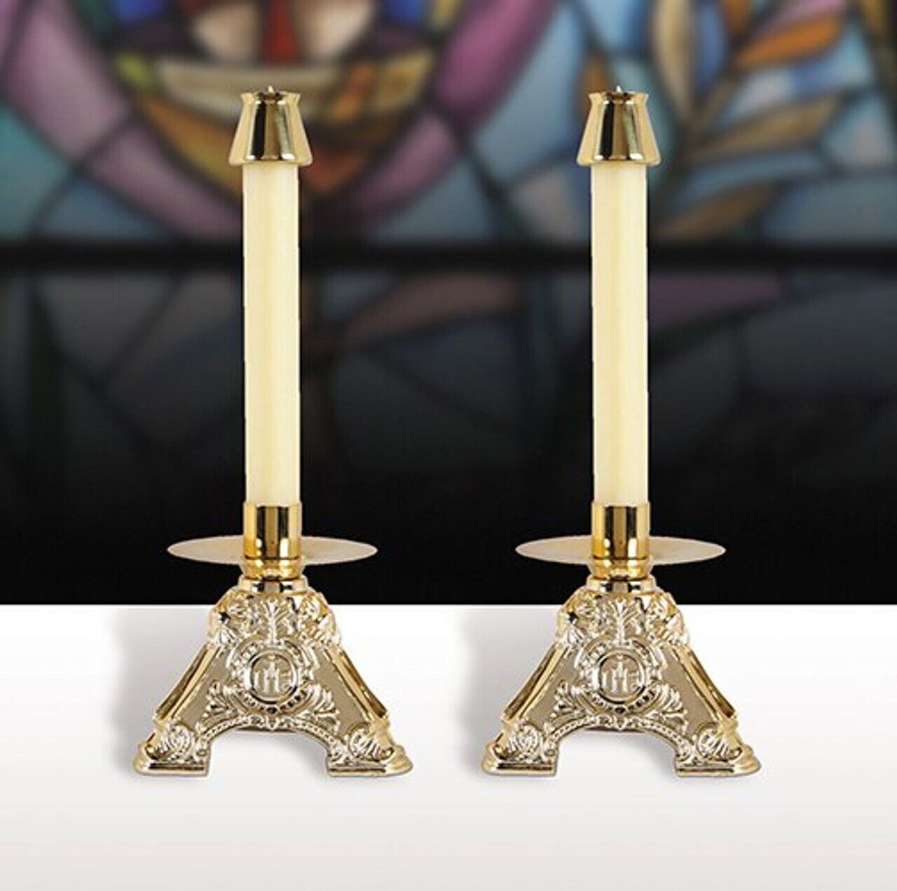 Embossed IHS Resin Set of 2 Candleholders For Church or Sanctuary 6 1/2 In