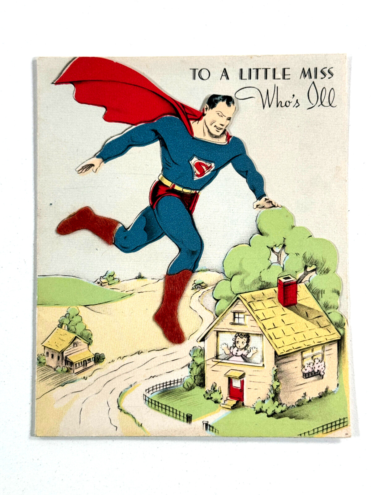 MEGA RARE vtg 1940's Superman Diecut Get Well Greeting Card L@@K