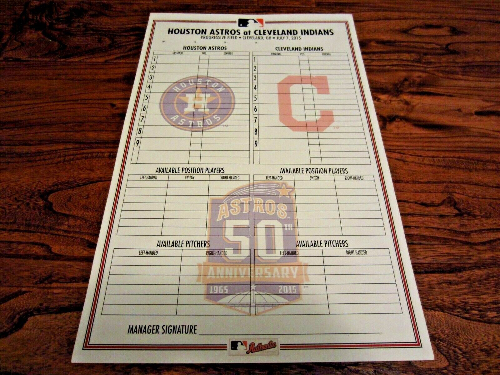 Astros vs Indians 2015 Non Game Used Line Up Card 7/7/2015 50th Logo MLB Lindor