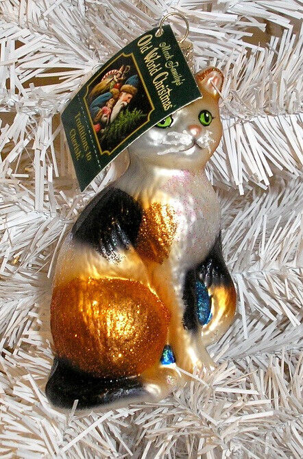 2013 OLD WORLD CHRISTMAS - CALICO CAT - BLOWN GLASS ORNAMENT - NEW