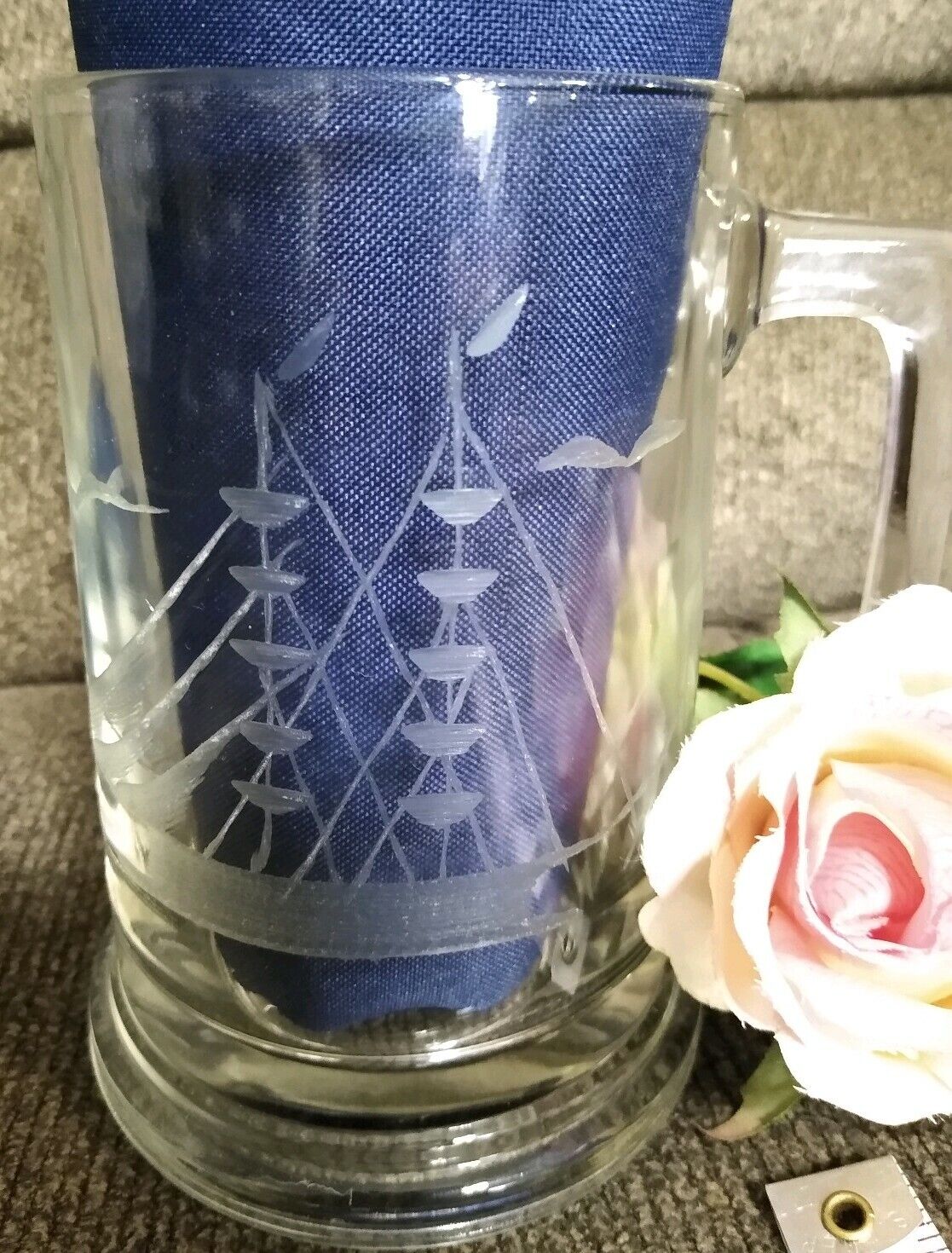 Vintage ETCHED Glass Mug Clipper Ship Clear Cup
