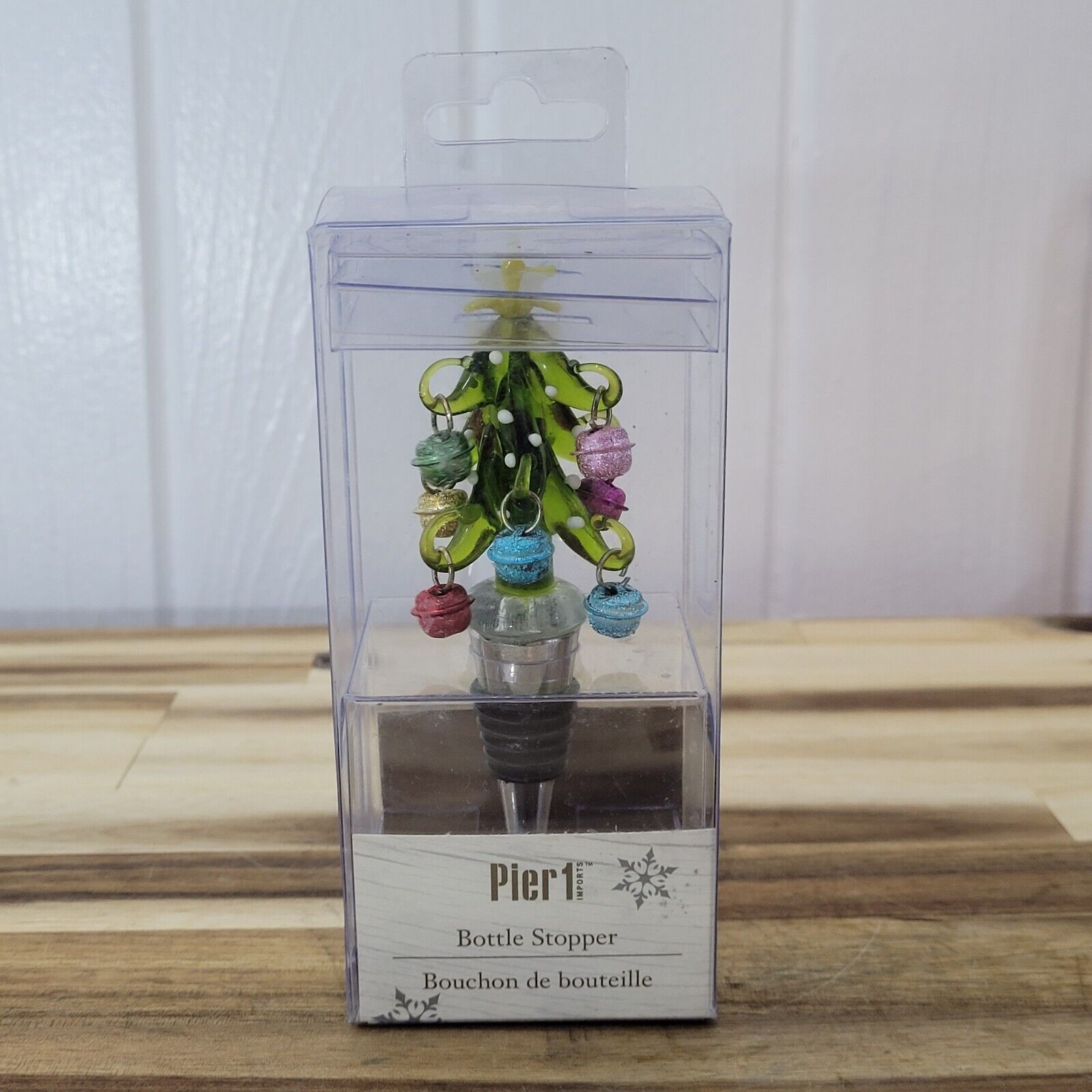 VTG 90s Retired PIER 1 Glass Wine Stopper Decorated Christmas Tree w Ornaments