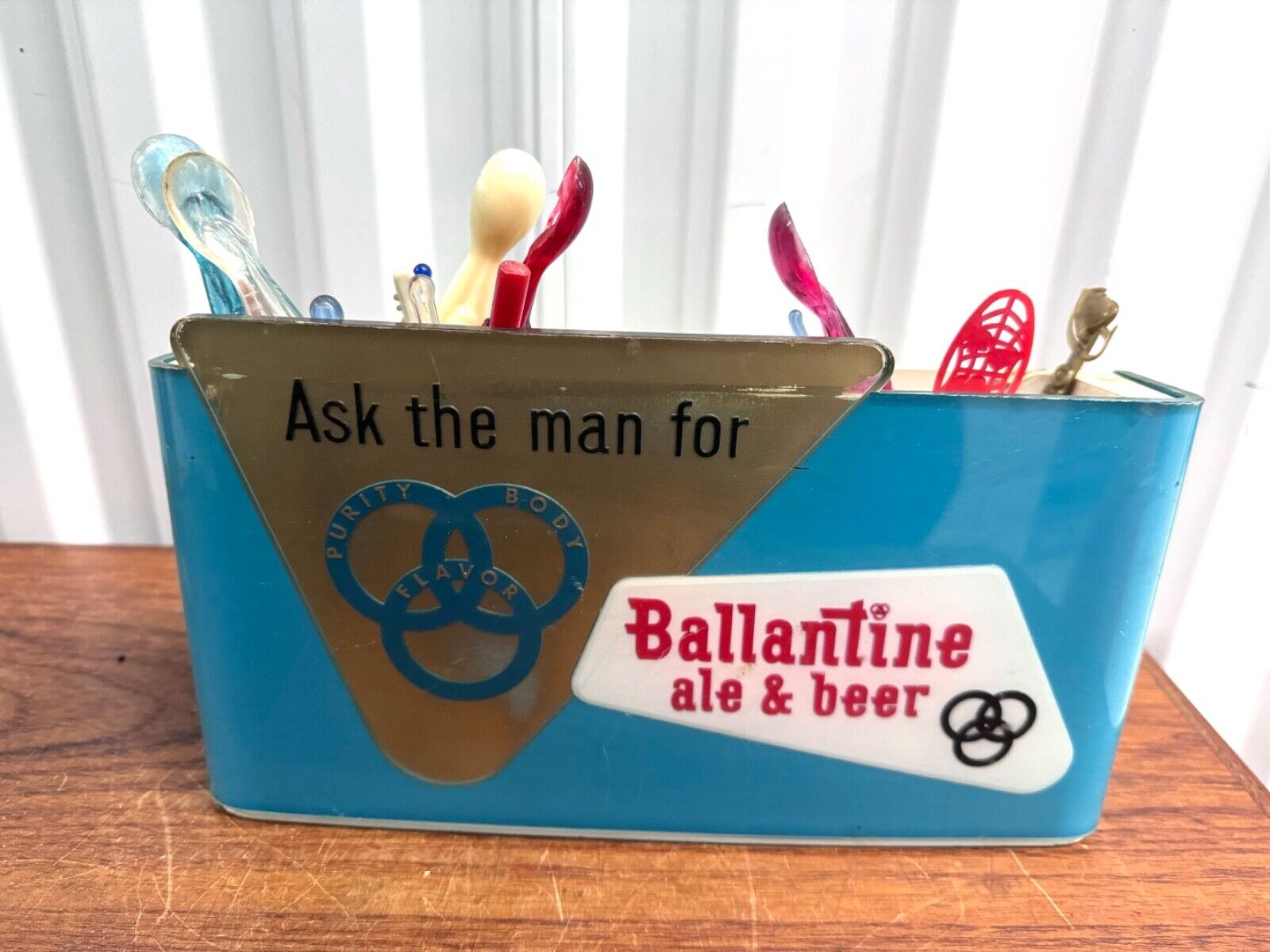 Vintage Mid Century Ballantine Ale Beer Bar Caddy Napkin Stirrer Straw Holder