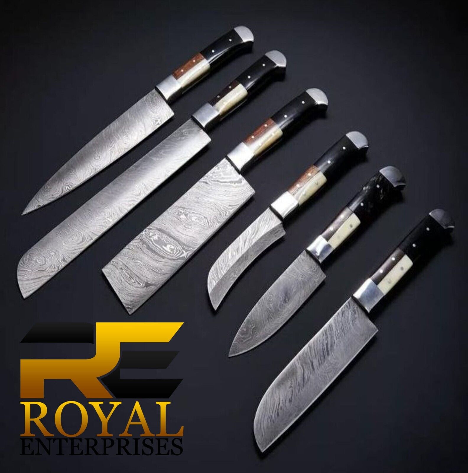 6Pieces custom handmade damascus steel chef set with sharpener and bag.
