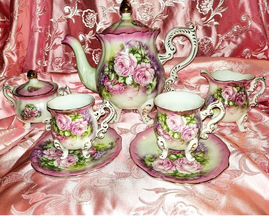 Set of 9 Vintage Victoria\'s Garden Rose Full Size Tea for Two Tea Set Victorian 