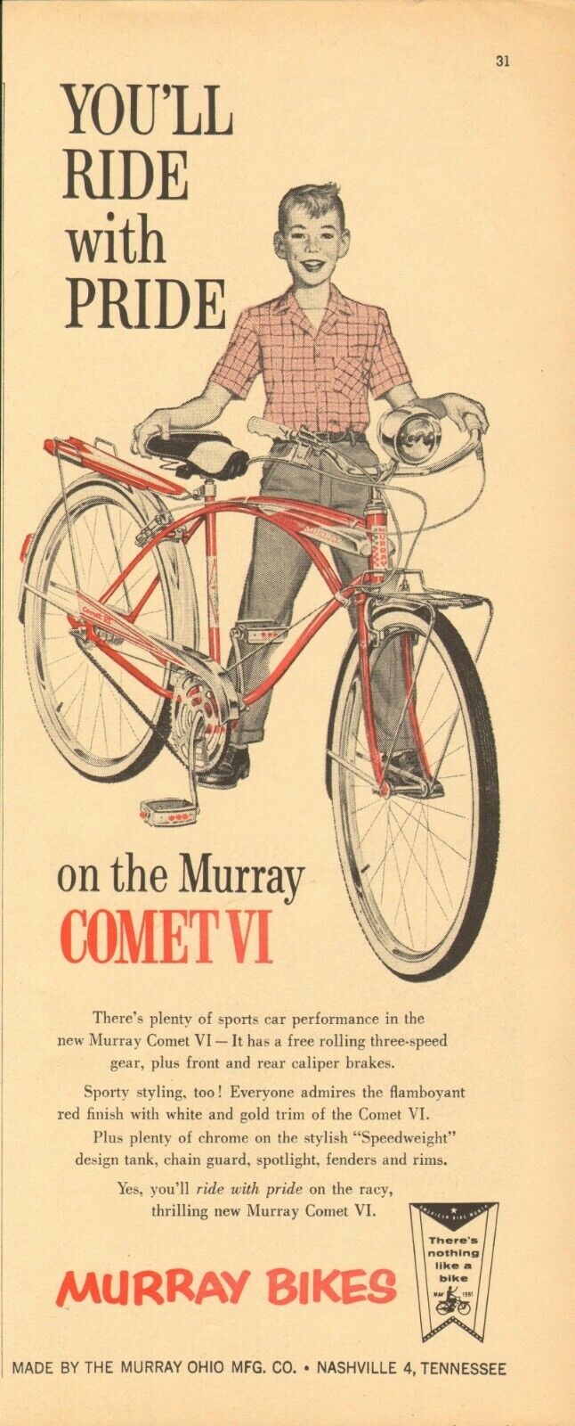 1961 LARGE Print Ad of Murray Comet VI Bicycle you\'ll ride with pride