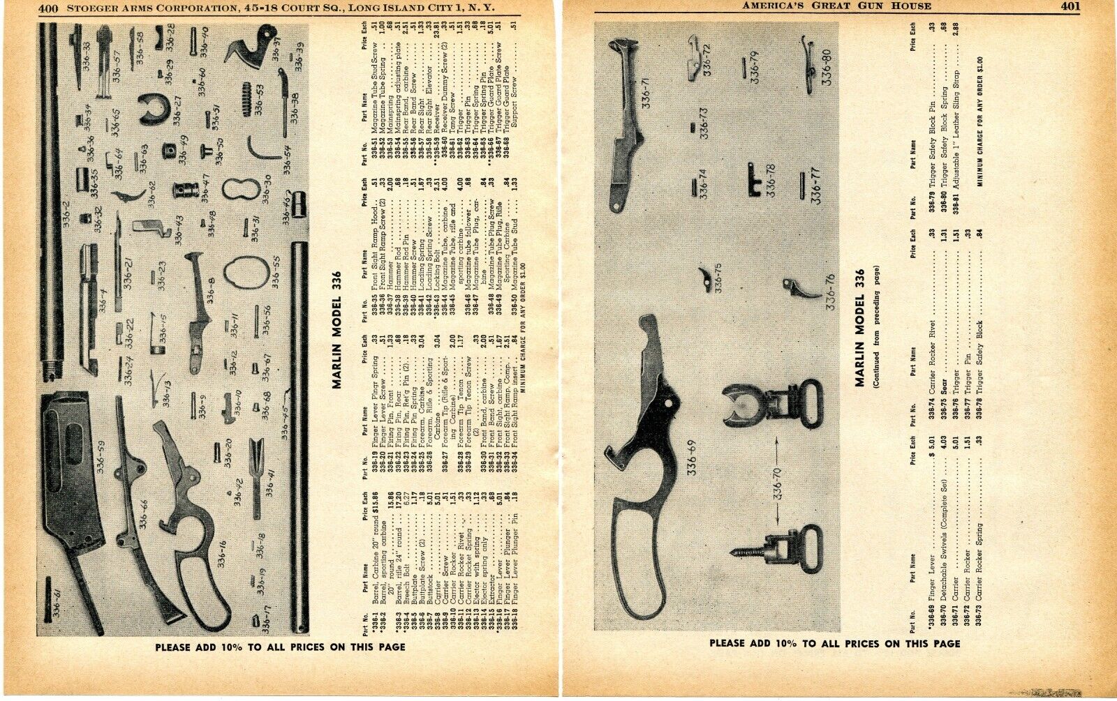 1958 2pg Print Ad of Marlin Model 336 Rifle Parts List