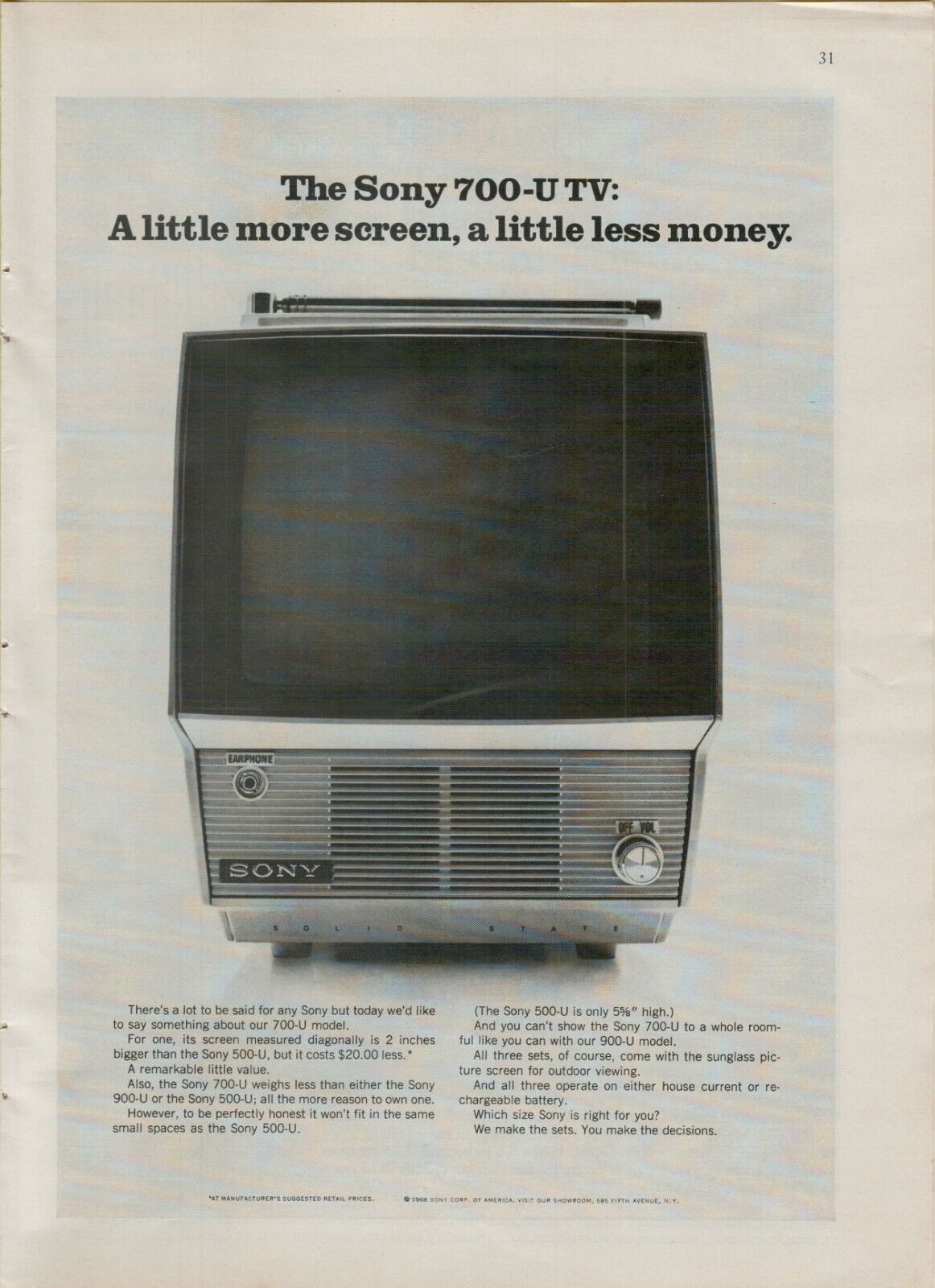 1968 Sony 700-U TV Which Size is Right for You Portable Photo VINTAGE PRINT AD