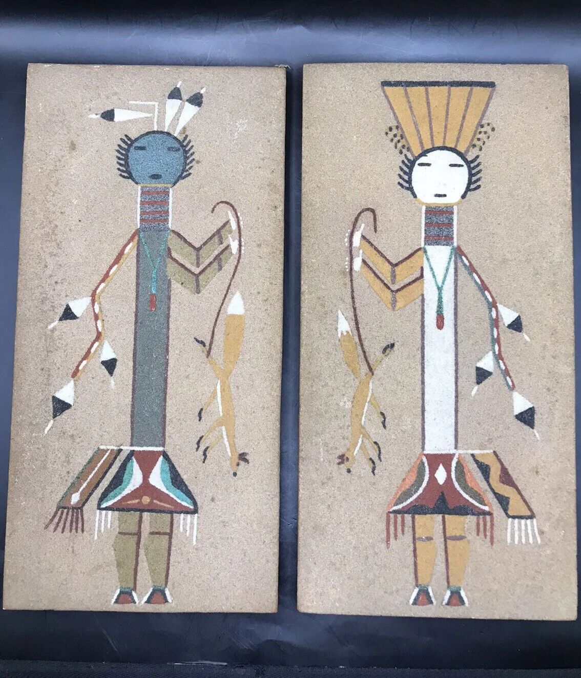 Pair Vintage 1971 NAVAJO NM Native American Sand Painting Art JAMES JOE
