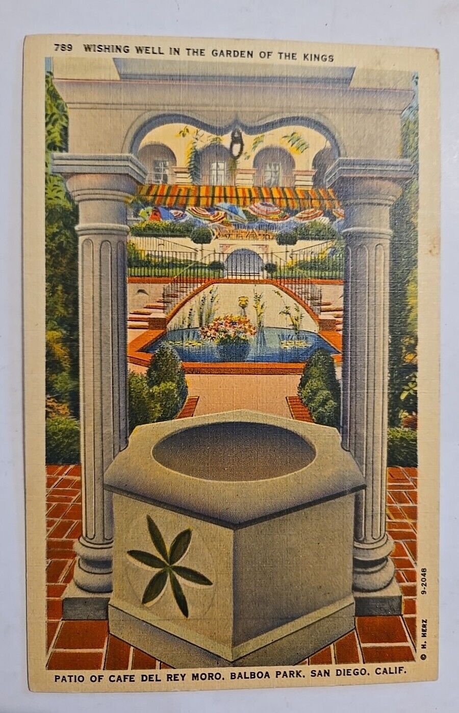 1942 San Diego,CA Wishing Well in the Garden of the Kings Linen Postcard KB1 