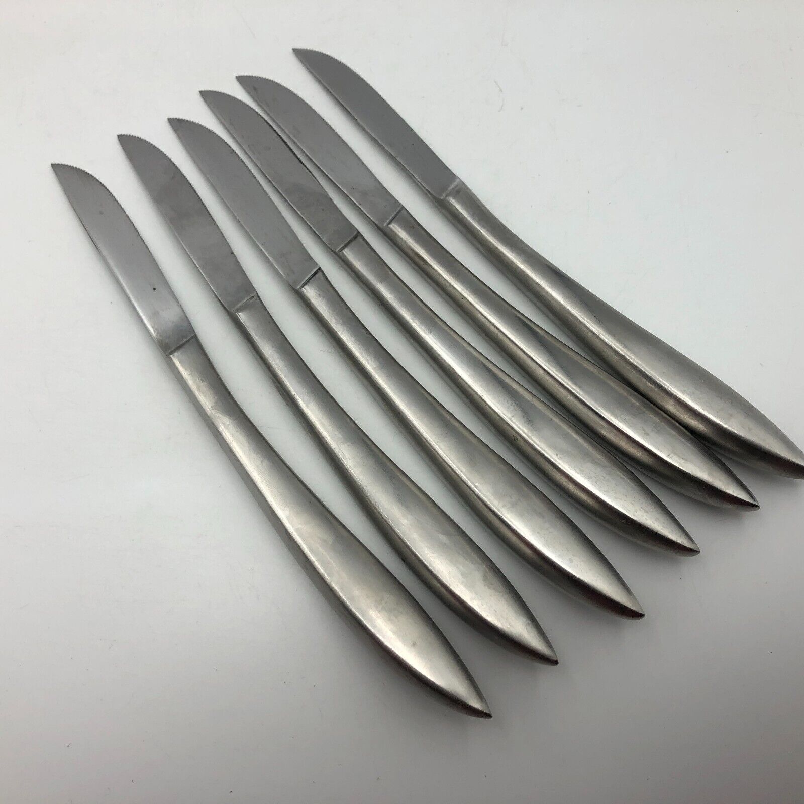 MCM Vintage Set Of 6 Serrated Knives Japan Knife Lot Curved Handle Japanese C2